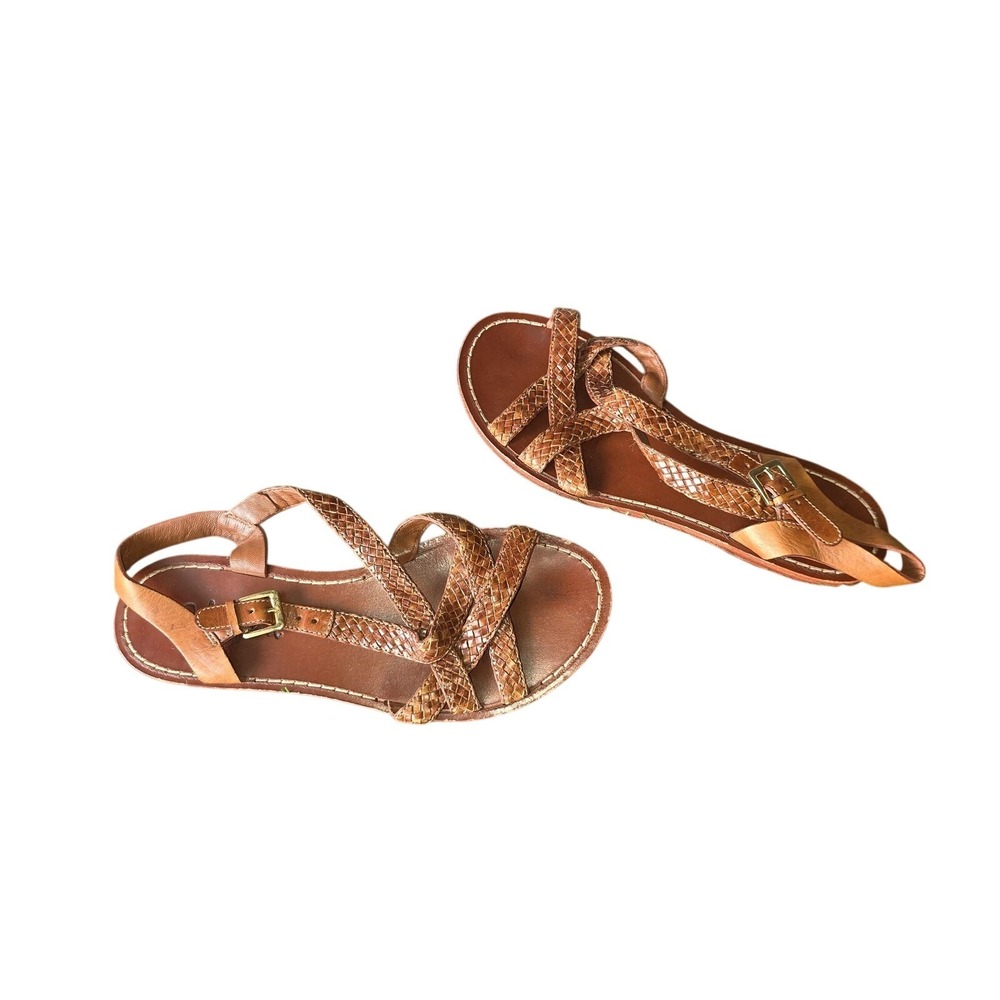 Cole Haan Sandals Women 6 Brown Leather Woven Strappy Slingback Buckle Flat - Picture 2 of 10